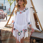 CROCHET BIKINI White Bikini Cover Up With Fringe Trim Women Sexy Hollow Tunic Beach Dress Summer Bathing Suit Beachwear - Matrix Studios