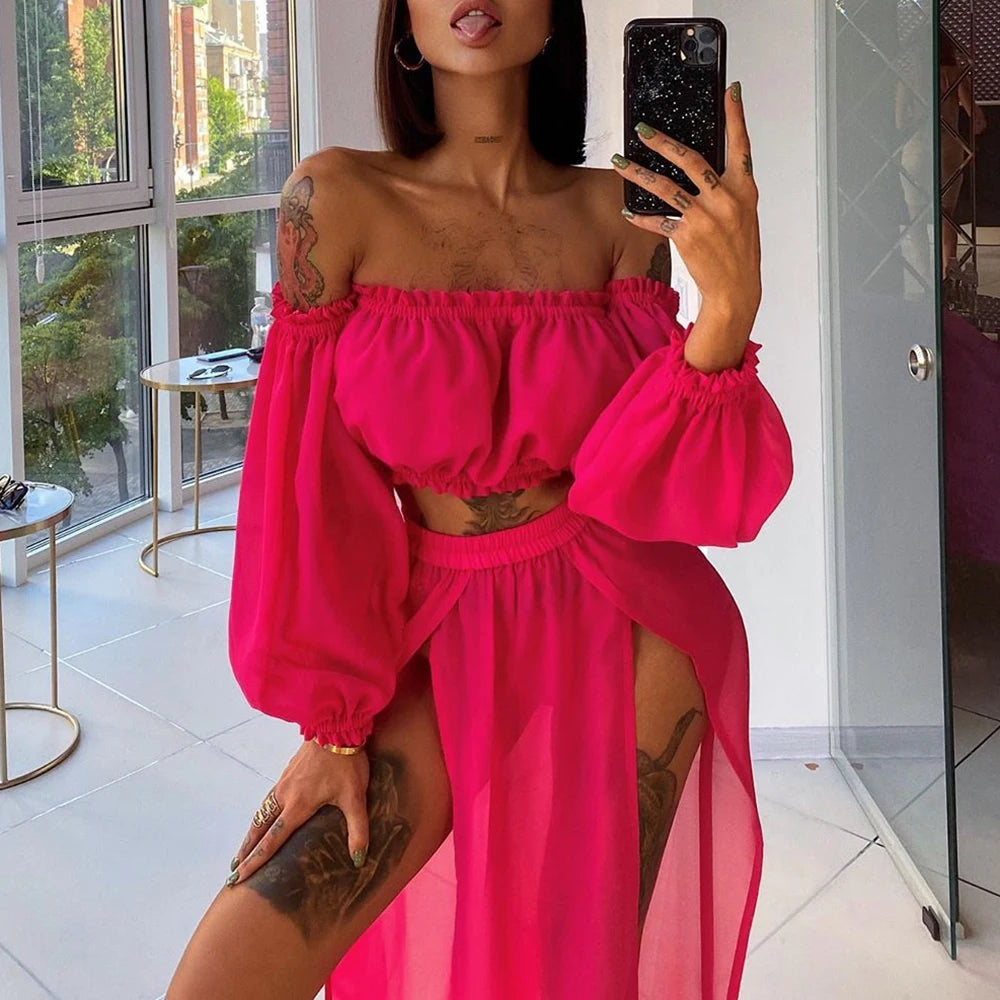 2021 Fashion New Women Bikini Beach Cover Up Long Sleeve Off Shoulder Top Cover Up Skirt Two-piece Suit for Robe Plage Beachwear - Matrix Studios