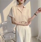 Women Summer Chiffon Blouse Elegant Short Sleeve V Neck Loose Shirt Casual Solid Korean Chic Simple Tops Female Tunic Blusas - Matrix-studios.com