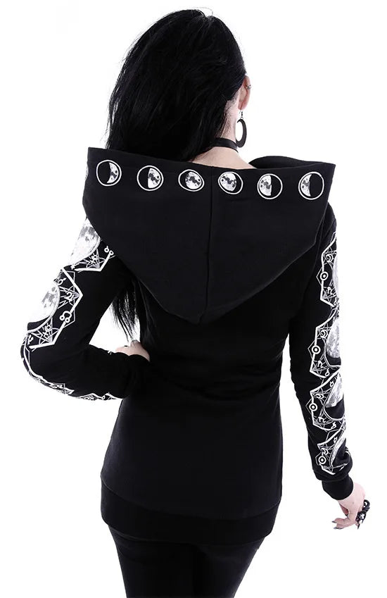 Fashion Trend Women's Punk Black Hoodie Moon Print Long-sleeved Sweater - Matrix Studios