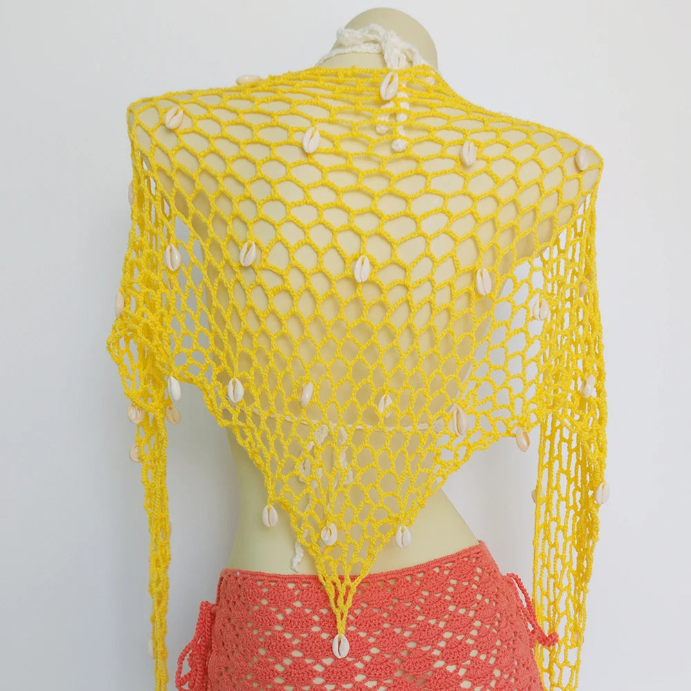 Women Triangle Shawl With Seashell Sexy Bikini Cover Up Sunscreen Nets Skirt Mesh Tunic Pareo Beachwear - Matrix Studios