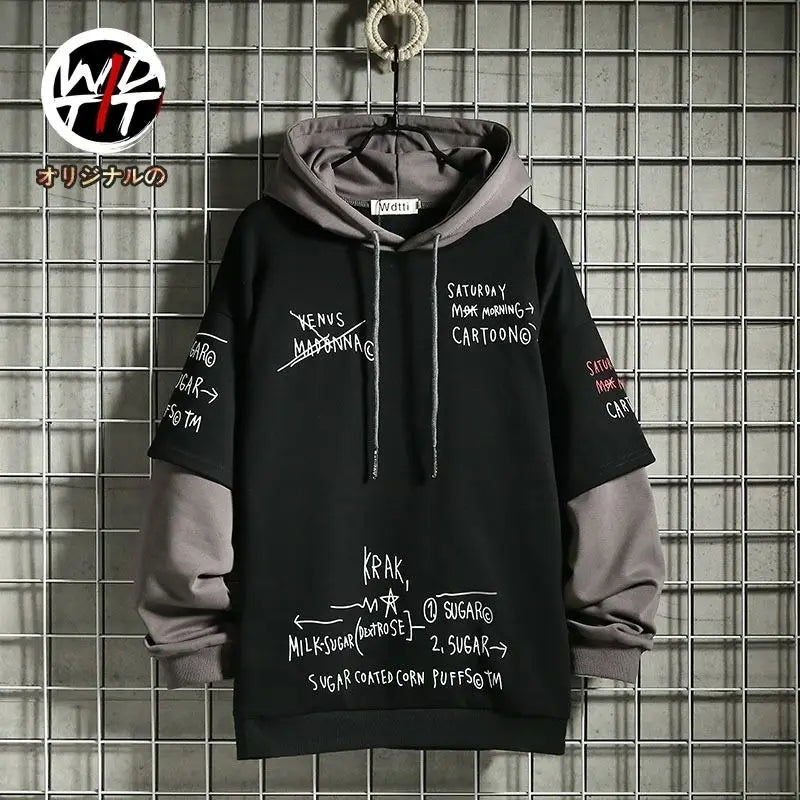 Spring /Autumn Men's Sweater Retro Mock Two-Piece Hooded Korean Hip Hop Print Sweatshirt Loose Hoodie Male Fleece Padded Jacket - Matrix Studios
