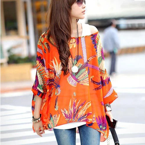 Summer Blouse Shirt 2021 New Fashion Women Casual Chiffon Blouses Tops Plus Size 4XL 5XL 6XL Batwing Sleeve Women's Shirts - Matrix-studios.com