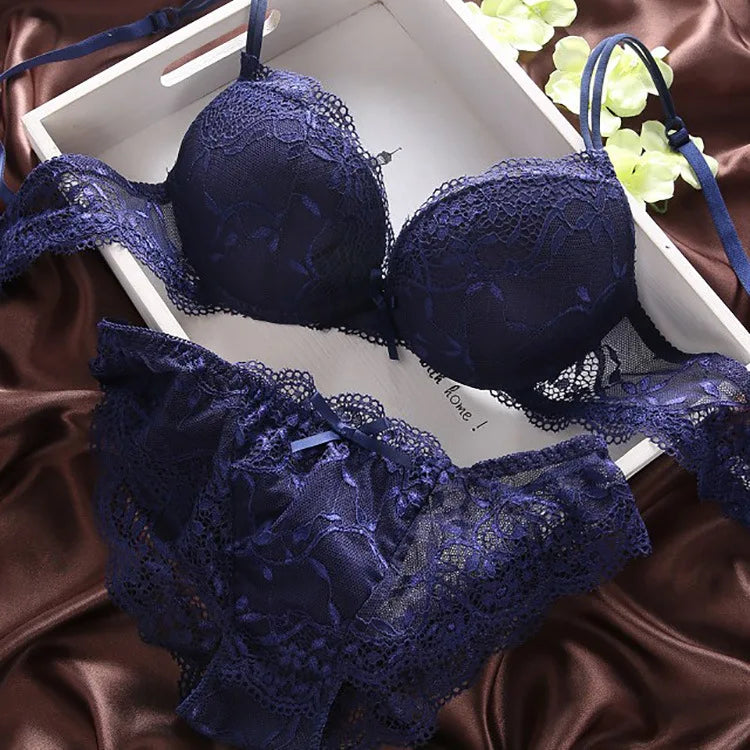 European Style Sexy Bra Set Women Cotton Underwear Sexy Lace Panties Female Push Up Brassiere Fashion Solid Color Lingerie Set - Matrix-studios.com