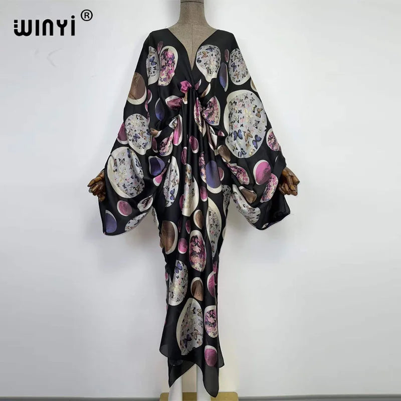 Europe Beach Over Size Summer Fashion Print 2022 WINYI Kaftan Robe Sexy Femme Maxi Women's Robes Long Beach V-Neck Bohemian Dres - Matrix Studios