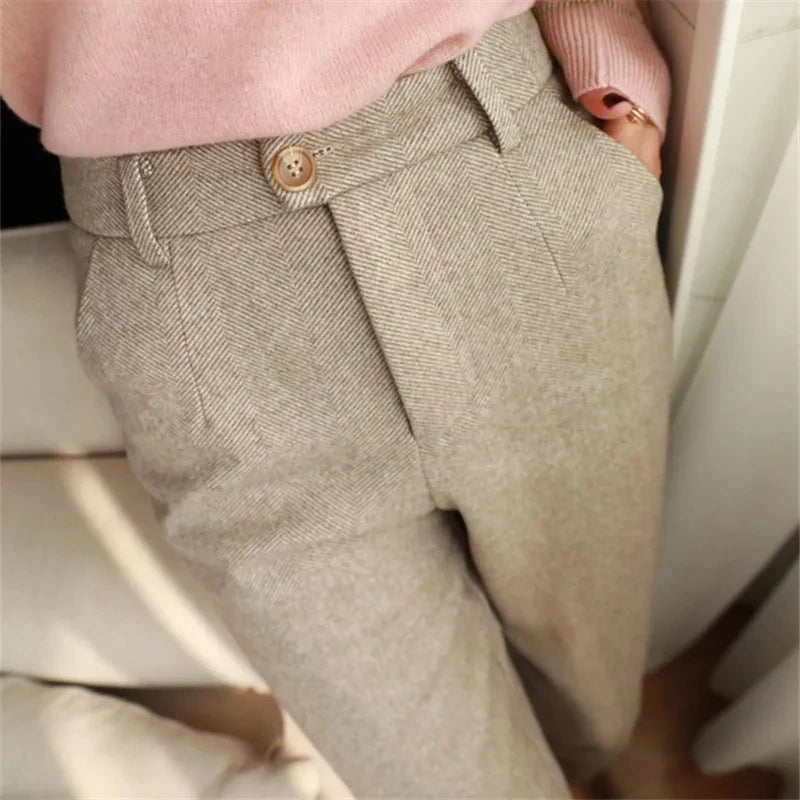 Woolen Pants Women's Harem Pencil Pants 2026 Autumn Winter High Waisted Casual Suit Pants Office Lady Women Trousers - Matrix-studios.com