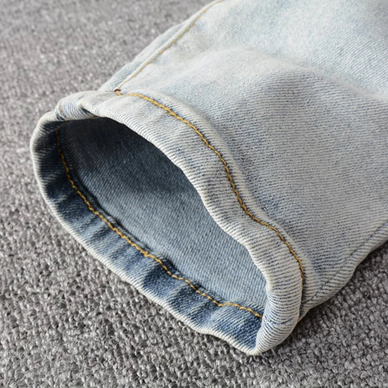 Men Crystal Holes Ripped Patchwork Jeans Streetwear Light Blue Denim Slim Skinny Pencil Pants Trousers - Matrix Studios