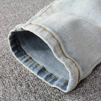 Men Crystal Holes Ripped Patchwork Jeans Streetwear Light Blue Denim Slim Skinny Pencil Pants Trousers - Matrix Studios