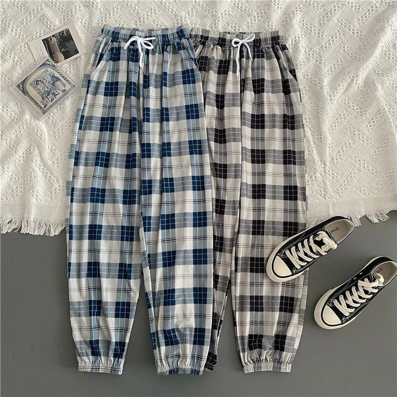 Pants Women New Bunch of feet Fashion Loose Black Plaid Summer Harajuku Students Streetwear Harem Long Trousers Womens Chic - Matrix-studios.com
