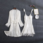 White Lace Bride Bridesmaid Wedding Robe Set Women Summer Sleepwear Kimono Bathrobe Gown Loose Casual Sleep Suit Sexy Home Dress - Matrix-studios.com