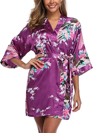 Satin Silk Women Wedding Bridemaid Robe Sexy Crane Print Bathrobe Short Long Kimono Night Gown Robe Fashion Dressing Gown Female - Matrix-studios.com