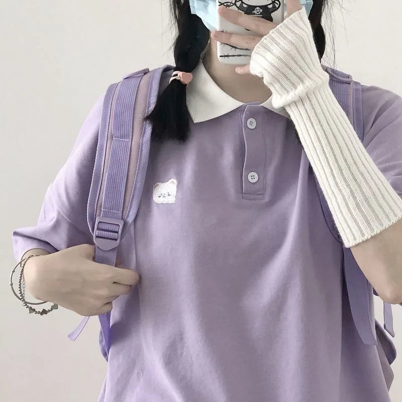 Bear Embroidery Preppy Style Polo Shirts Female T Shirt Short Sleeve Summer Women Tshirt Cotton Cute Tee Loose Oversized Teens - Matrix-studios.com