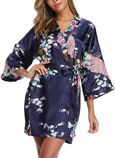 Satin Silk Women Wedding Bridemaid Robe Sexy Crane Print Bathrobe Short Long Kimono Night Gown Robe Fashion Dressing Gown Female - Matrix-studios.com
