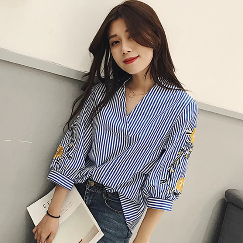 Women Embroidery Floral Casual Striped White Blouses and Shirts Female Three Quarter Sleeve Loose Tops Fashion V-Neck Blusas - Matrix-studios.com