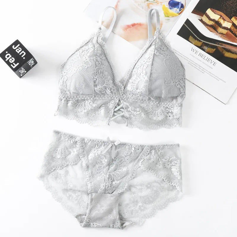 Women Lace Bra And Briefs Set Backless Bralette Solid Color Underwear Wireless Lace Bra Top Sexy Lingerie Set Female Intimates - Matrix-studios.com