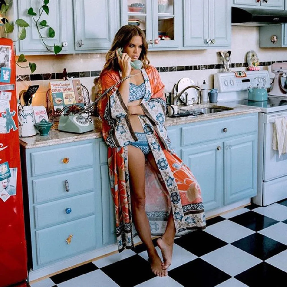 Floal Bikini Cover-ups Pink Boho Print Self Belted Front Open Long Kimono Dress Beach Tunic Women Swim Suit Cover Up - Matrix Studios