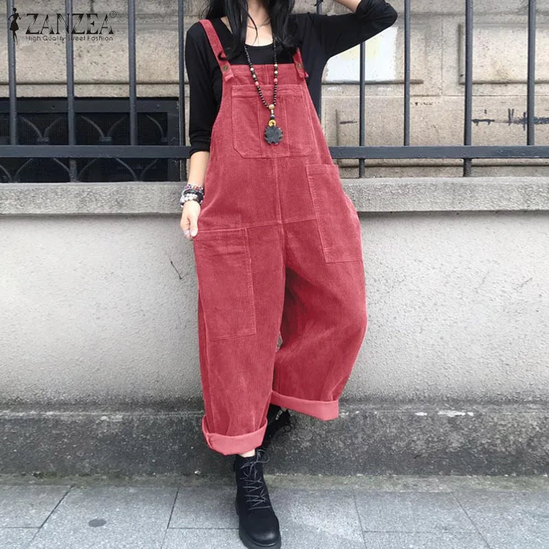 Corduroy Overalls Women's Summer Bib Jumpsuits ZANZEA 2026 Casual Suspender Harem Pants Female Solid Rompers Femme Oversize - Matrix Studios