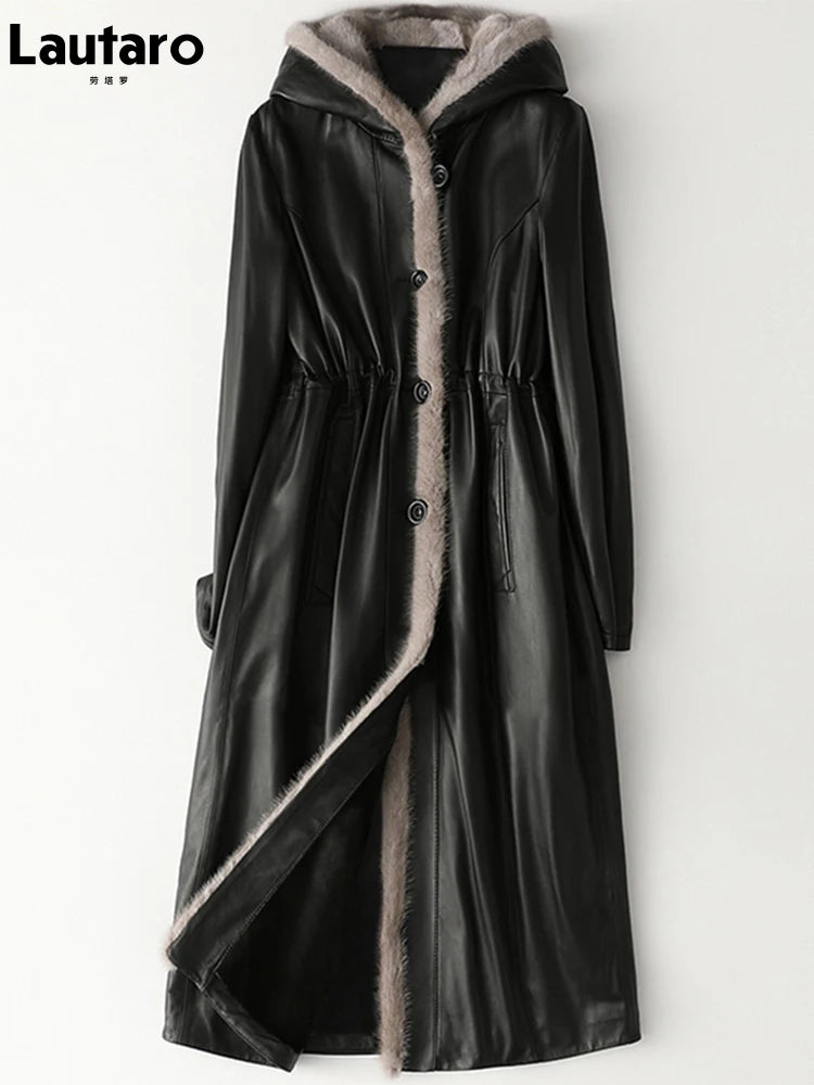 Lautaro Winter Long Warm Thick Black Leather Coat Women with Fur Inside Elegant Luxury Faux Fur Lined Jacket Parka Fashion 2021 - Matrix Studios