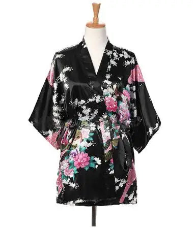 Lace Up Woman Peacock Print Japanese Kimono Yukata Silk Satin Short Style Sleepwear Home Nightgown Bath Robe Costume - Matrix-studios.com