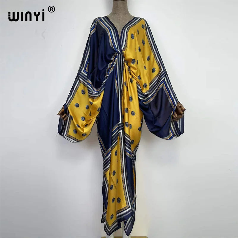 Europe Beach Over Size Summer Fashion Print 2022 WINYI Kaftan Robe Sexy Femme Maxi Women's Robes Long Beach V-Neck Bohemian Dres - Matrix Studios