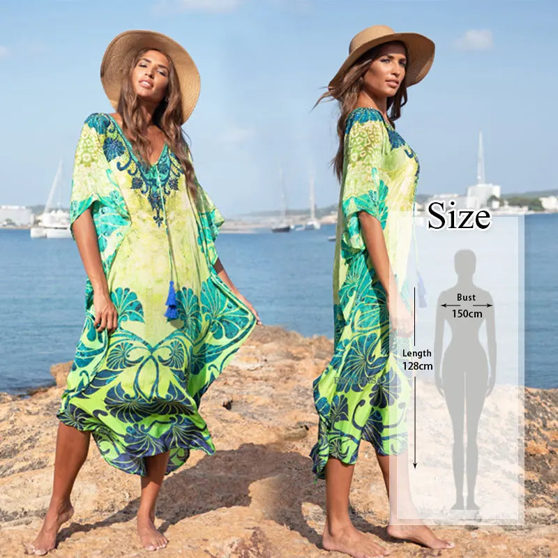 Bohemian Kaftan Beach Tunic Cotton Beach Cover up Saida de Praia Swimsuit Women Bikini cover up Pareo Sarong Beachwear #Q956 - Matrix Studios