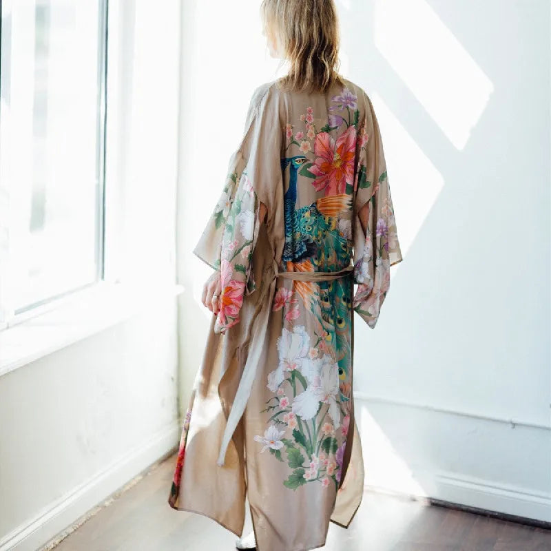 Bohemian Printed Bikini Cover-ups Green Tunic Long Kimono Cardigan Plus Size 2023 Women Beach Wear Swim Suit Cover Up A155 - Matrix Studios