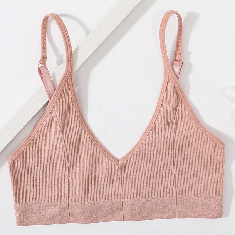 Seamless Tube Top Women's Ribbed V-Neck Wireless Bralette U-Back Daily Wear Bra Sexy Lingerie Adjust Straps Sports Underwear M-L - Matrix Studios