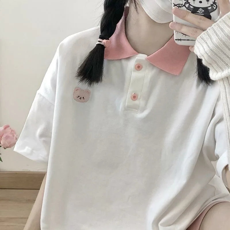 Bear Embroidery Preppy Style Polo Shirts Female T Shirt Short Sleeve Summer Women Tshirt Cotton Cute Tee Loose Oversized Teens - Matrix-studios.com