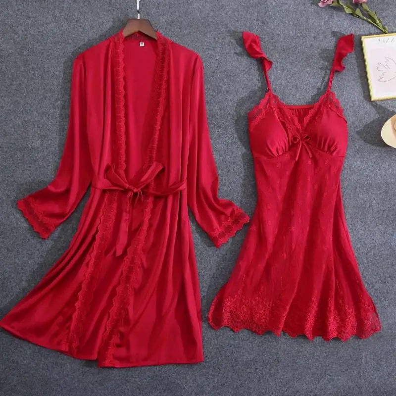 White Lace Bride Bridesmaid Wedding Robe Set Women Summer Sleepwear Kimono Bathrobe Gown Loose Casual Sleep Suit Sexy Home Dress - Matrix-studios.com