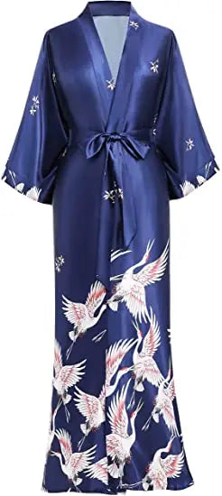 Print Crane Lady Kimono Bathrobe Gown Women Wedding Robe Loose Soft Satin Nightgown Sleepwear V-neck Long Novelty Nightwear - Matrix-studios.com