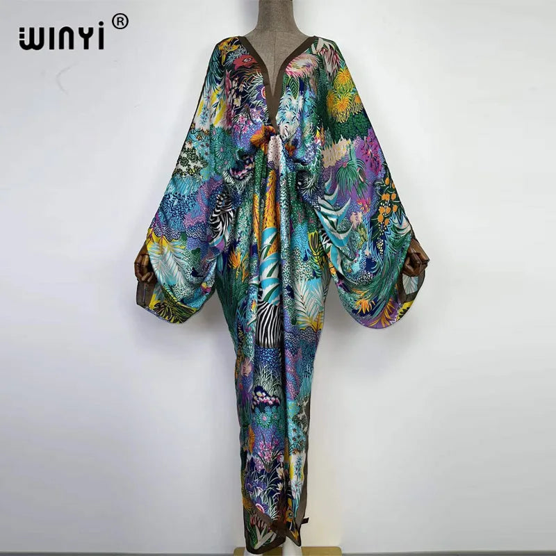 Europe Beach Over Size Summer Fashion Print 2022 WINYI Kaftan Robe Sexy Femme Maxi Women's Robes Long Beach V-Neck Bohemian Dres - Matrix Studios