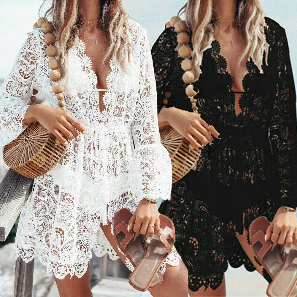 Hot Sale Women Sexy V-neck Lace Beach Bikini Cover Up Female Boho Casual Party Holiday Beach Dress Sundress Cover Up Outfits - Matrix Studios