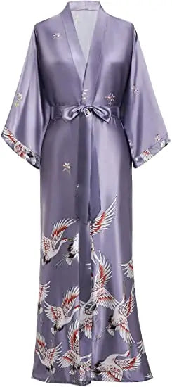 Print Crane Lady Kimono Bathrobe Gown Women Wedding Robe Loose Soft Satin Nightgown Sleepwear V-neck Long Novelty Nightwear - Matrix-studios.com