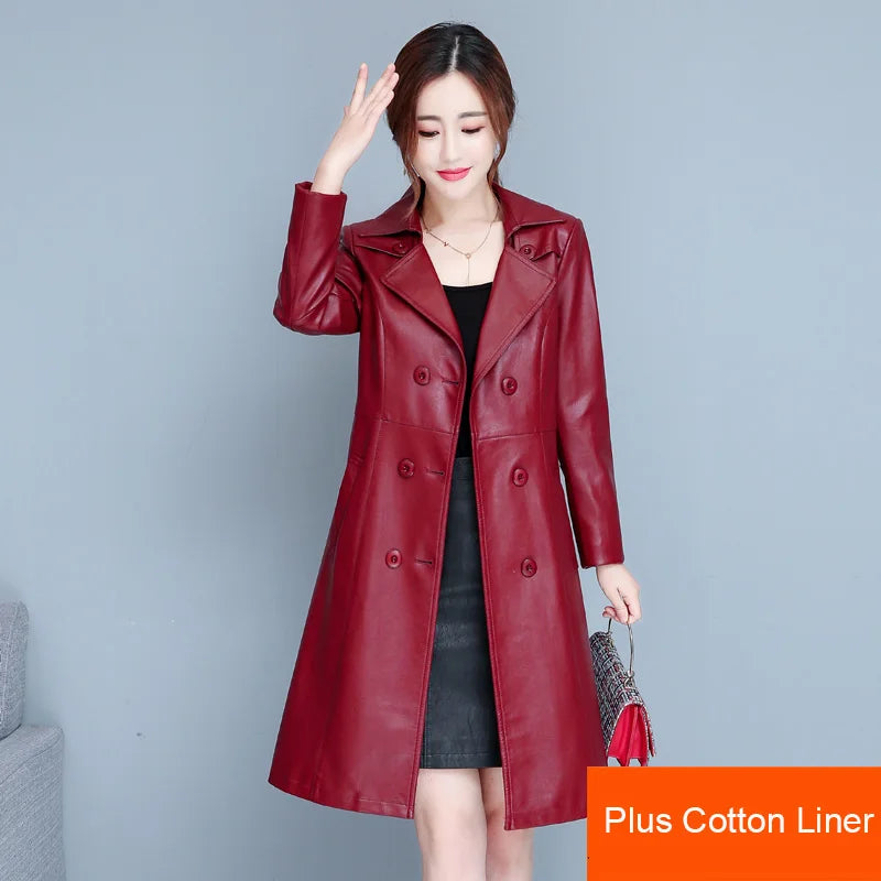 M-7XL Woman Sheepskin OverCoat Spring Autumn Winter 2026 Fashion Fur Collar Warm Thick Slim Long Sheep Leather Coat Female - Matrix Studios