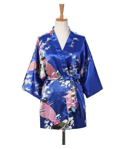 Lace Up Woman Peacock Print Japanese Kimono Yukata Silk Satin Short Style Sleepwear Home Nightgown Bath Robe Costume - Matrix-studios.com
