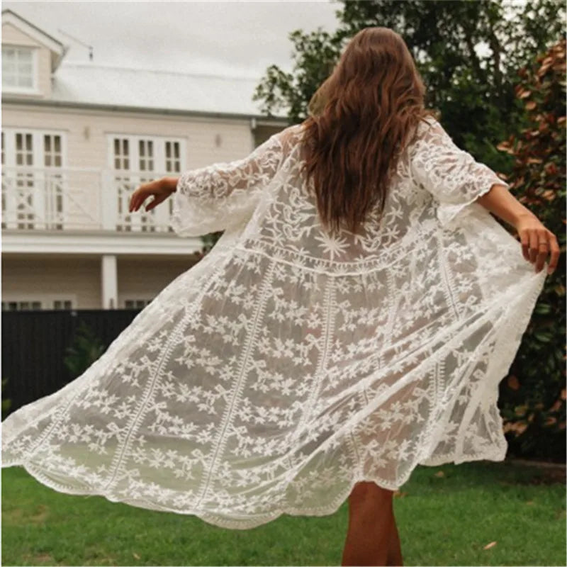 Women Swimsuit Crochet Beach Cover Up Dress Sleeve Kaftan Beach Tunic Long Pareos Bikinis Cover Ups Summer Robe Plage Beachwear - Matrix Studios