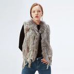 Women's Real Rabbit Fur Vest Knit Natural Leather Tassel Waistcoat Raccoon Fur Collar Winter Knitted Jacket Coat Wholesale - Matrix Studios