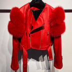 GO BALLISTIC YA Ladies' Genuine Leather Jacket with Fur Sleeve Women's Natural Lambskin Outfit - Matrix Studios