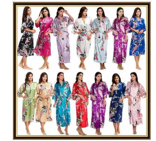 Half Sleeve Loose Style Woman Japanese Kimono Satin Silk Sleepwear Pajamas Peacock Spa Yukata Bathing Robe Lady's Long Dress - Matrix-studios.com