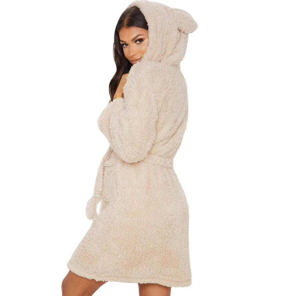 Winter Warm Casual Robes Woman Ear Hooded Bathrobe Plush Robe V Neck Long Sleeve Shawl Kimono Warm Bath Robes Coat - Matrix-studios.com