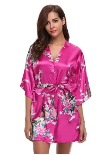 Satin Silk Women Wedding Bridemaid Robe Sexy Crane Print Bathrobe Short Long Kimono Night Gown Robe Fashion Dressing Gown Female - Matrix-studios.com