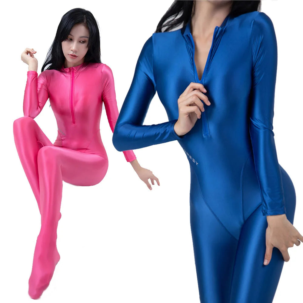 AMORESY Women's Shiny Oil Tights Full-Length Catsuit Front Zipper Yoga Zentai Playsuit Sexy Smooth Casual Jumpsuit - Matrix Studios
