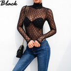 Women Mesh Net Fishnet Bodysuit Slim Long Sleeve Leotard Jumpsuit Tops Beachwear Beading Prespective Mesh Fishnet Cover Up - Matrix Studios