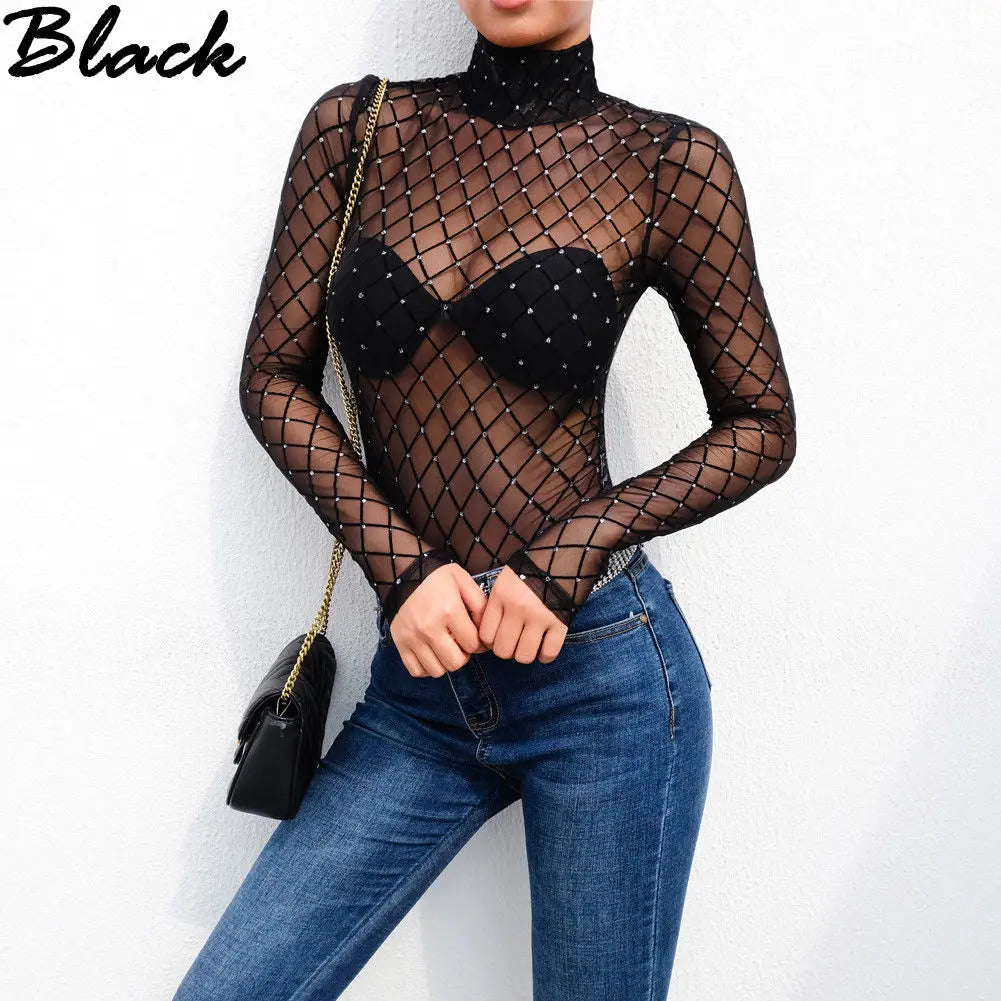 Women Mesh Net Fishnet Bodysuit Slim Long Sleeve Leotard Jumpsuit Tops Beachwear Beading Prespective Mesh Fishnet Cover Up - Matrix Studios