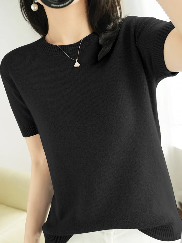 New Short-sleeved Knitwear Women O-neck T-shirt Wool Cotton Blend Pullover Vest Sprig Summer Bottoming Tops Sweater Solid Soft - Matrix Studios