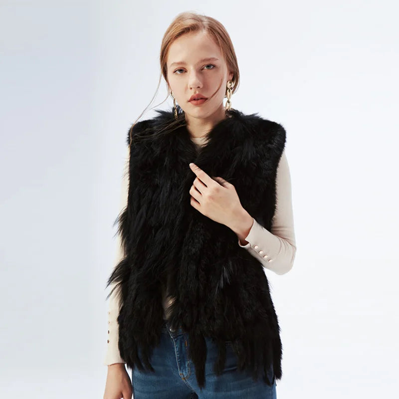 Women's Real Rabbit Fur Vest Knit Natural Leather Tassel Waistcoat Raccoon Fur Collar Winter Knitted Jacket Coat Wholesale - Matrix Studios