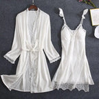 White Lace Bride Bridesmaid Wedding Robe Set Women Summer Sleepwear Kimono Bathrobe Gown Loose Casual Sleep Suit Sexy Home Dress - Matrix-studios.com