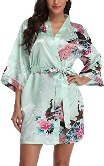 Satin Silk Women Wedding Bridemaid Robe Sexy Crane Print Bathrobe Short Long Kimono Night Gown Robe Fashion Dressing Gown Female - Matrix-studios.com
