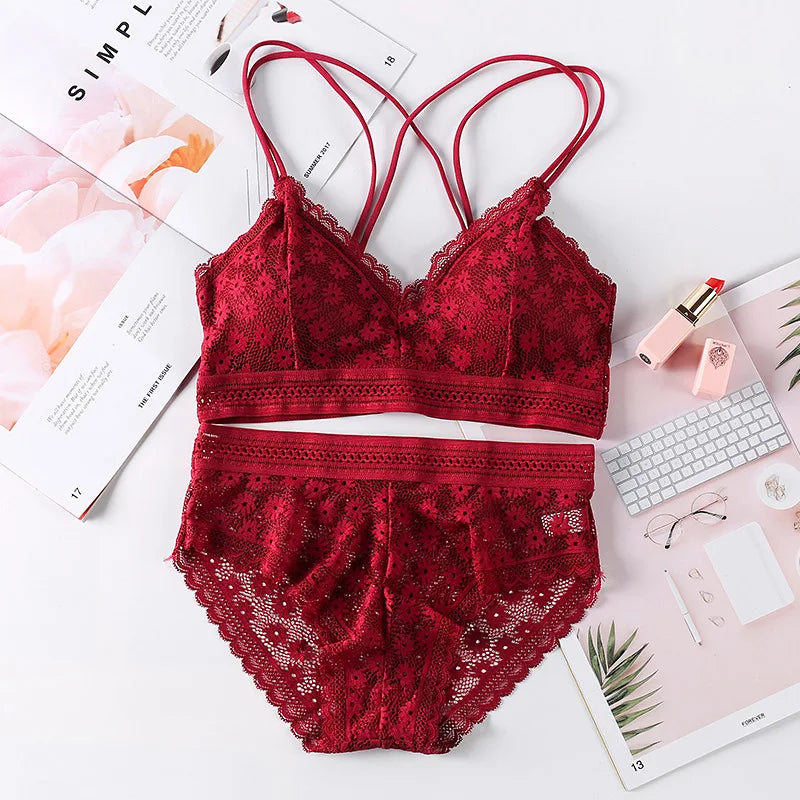Women Lace Bra And Briefs Set Backless Bralette Solid Color Underwear Wireless Lace Bra Top Sexy Lingerie Set Female Intimates - Matrix-studios.com