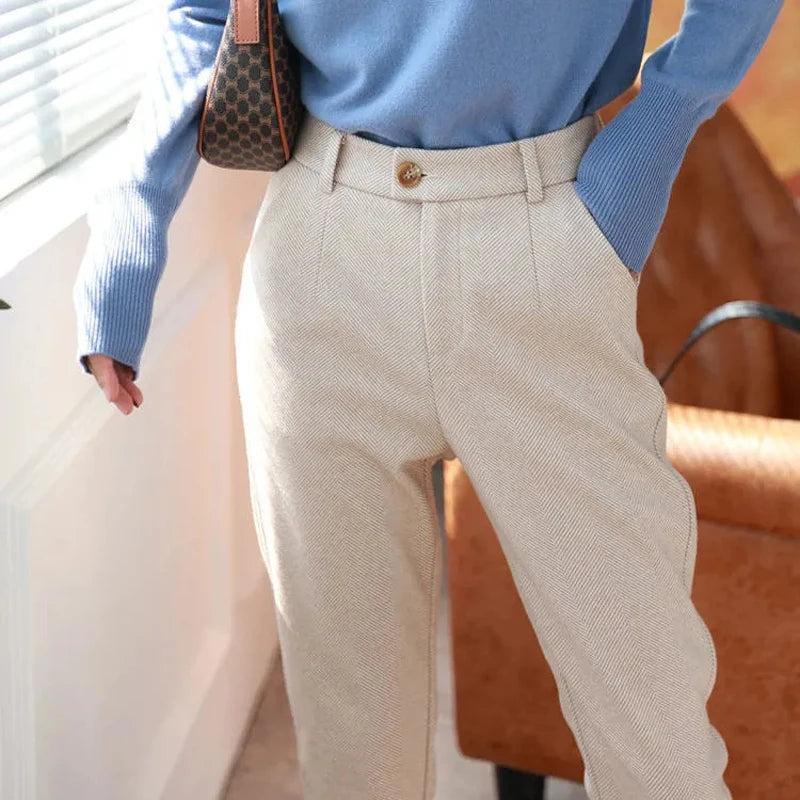 Woolen Pants Women's Harem Pencil Pants 2026 Autumn Winter High Waisted Casual Suit Pants Office Lady Women Trousers - Matrix-studios.com